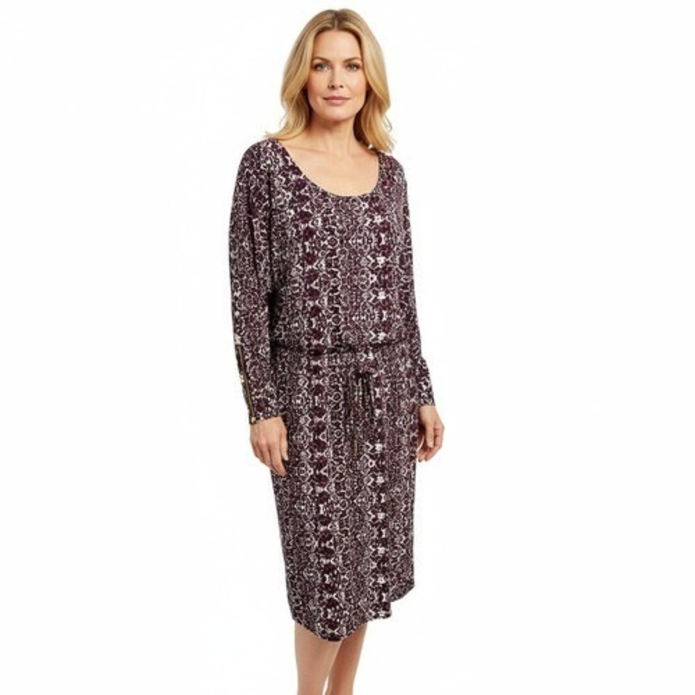 Calvin Klein Dress 12 Purple Snakeskin Print Drawstring Waist Long‎ Sleeve Zip
